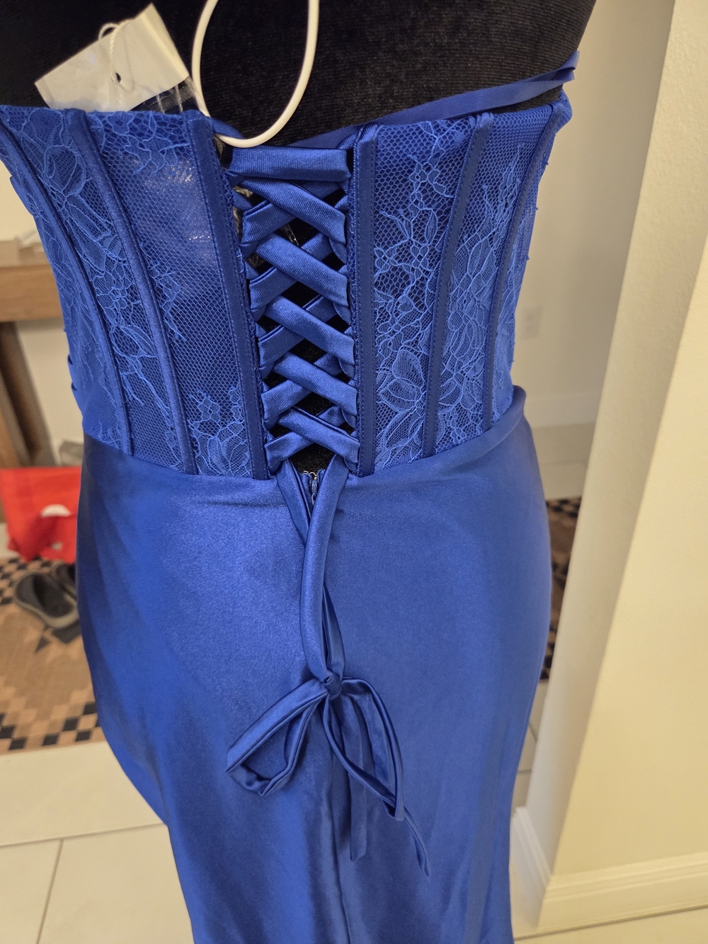 Royal Blue Corset Prom Formal Dress Satin Ruched High Slit Sz M - Picture 5 of 5